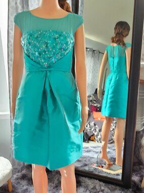 Luisa Spagnoli Teal Beaded Illusion Cocktail Dress – Bow Waist – IT 40 / US 4